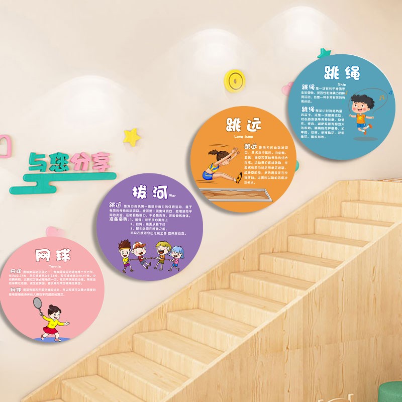 小学幼儿园走廊过道墙面布置装饰画体育运动文化楼梯环创圆形贴纸图片