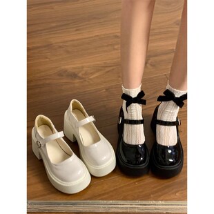 粗跟高跟小皮鞋女2025春夏季新款厚底增高法式玛丽珍单鞋中跟圆头