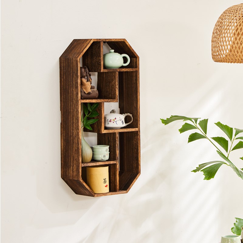 博古架实木中式小型摆件茶室收纳置物架现代简约多宝阁壁挂式上墙