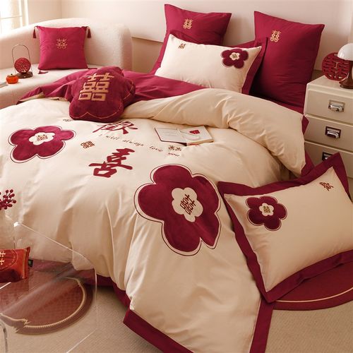 结婚女方陪嫁四件套全棉新婚庆红色欢喜花卉被套床单婚房床上用品
