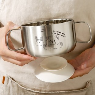 316不锈钢碗宝宝辅食碗婴儿用双层防摔防烫带把手带盖儿童吃饭碗