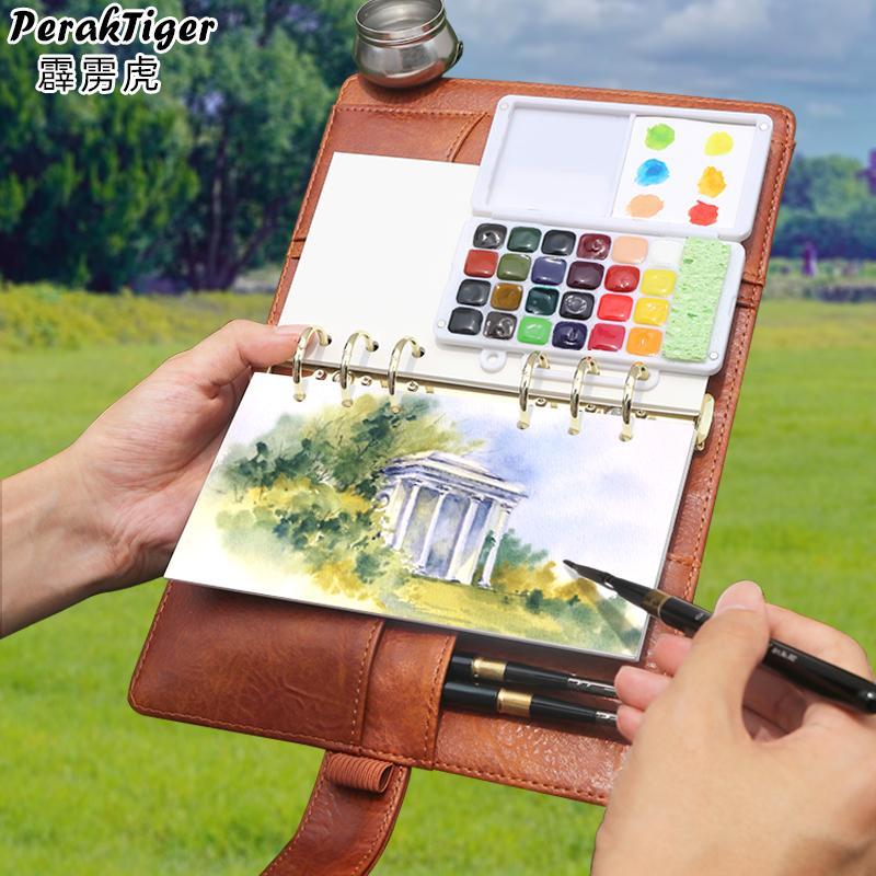 霹雳虎迷你水彩颜料盒随身携带手工绘画画本便携高颜值PU皮A7活页