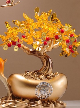 新中式发财树招财鹿摆件办公室前台酒柜装饰乔迁新居礼品开业礼物