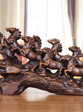 实木雕八骏马摆件大n号八骏图办公室桌面工艺品公司开业乔迁送礼