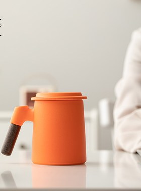 陶瓷马克杯咖啡杯勺子橙色办公杯A带手柄小众设计感水杯可定制log