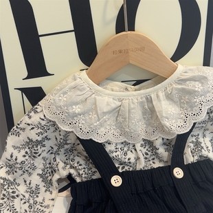 2025新款女宝宝春装一岁套装洋气时髦碎花背带裤打底衣春秋两件套