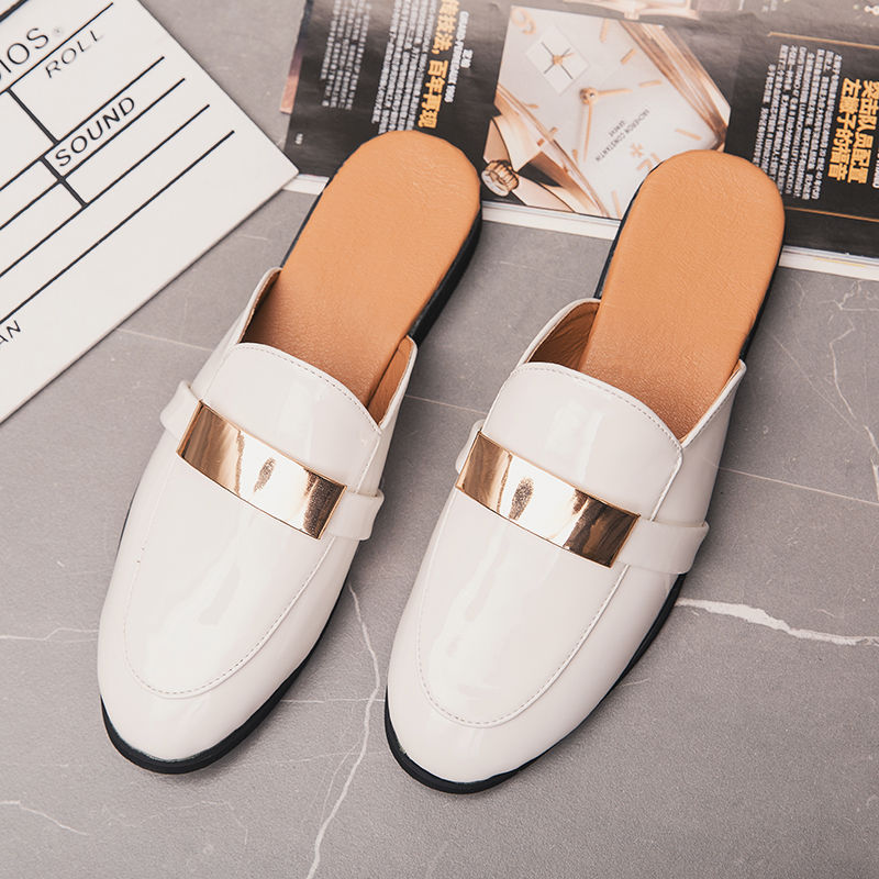 半拖鞋男春季无后跟懒人尖头皮鞋室外包头男士网红凉拖鞋男潮外穿