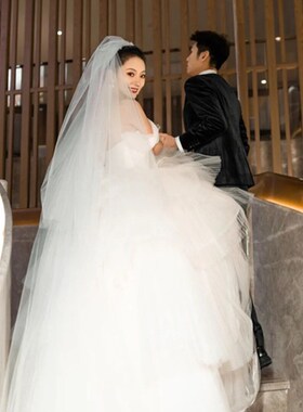 简约百搭长款素纱草坪婚礼教x堂仪式纱新娘旅拍结婚头纱双层白色