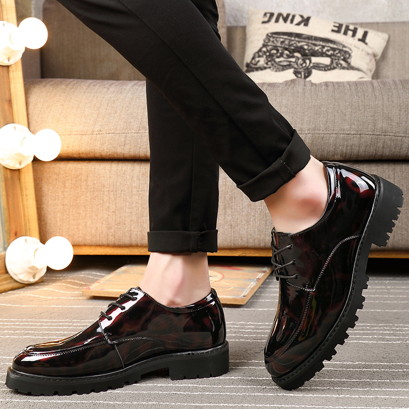 男士休闲皮鞋秋季透气漆皮豆豆鞋男韩版潮流O英伦厚底增高亮皮男