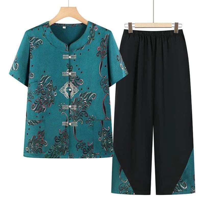 徕登格物2中老年人夏季奶奶装绣花短袖洋气衣服两件套妈妈装女装