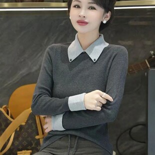 唐兮翻领大尺码加厚针织衫女2025春秋冬新款高级感气质打底衫上衣