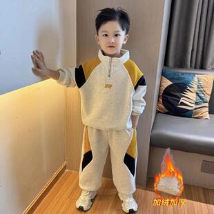 U童优选男童秋冬季2025新款潮酷洋派拼色立领加绒卫衣休闲套装