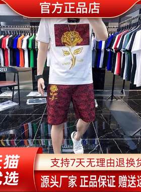 亦郎男装轻奢品质欧洲站夏季新款休闲男时尚套装个性金玫瑰男短袖