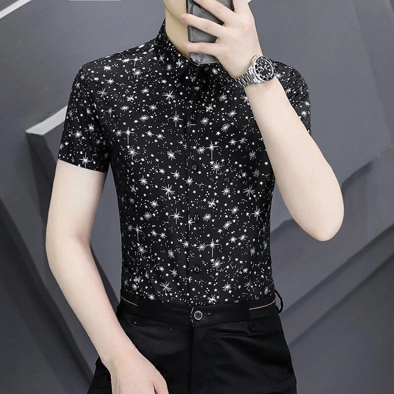 亿帆潮流服饰男u士短袖衬衫漫步夏季新款烫金印花衬衣时尚休闲男
