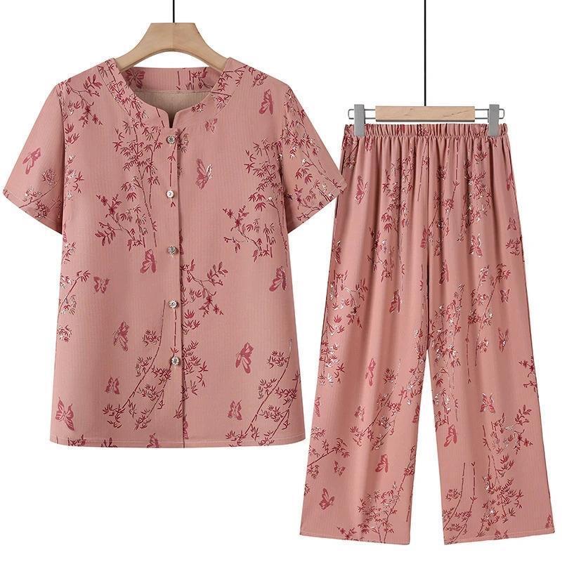 乐行嘉会4中老年人仿冰丝短袖衬衫妈妈夏天衣服宽松奶奶夏装套装