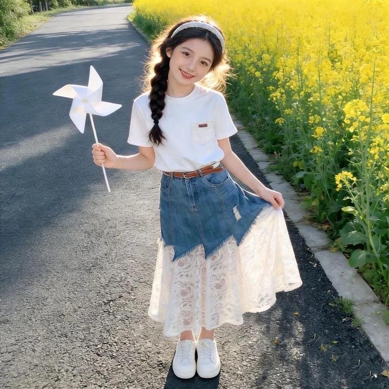 卿然精品甄选1夏女童套装牛仔蕾丝拼接牛仔半身裙田园短袖两件套