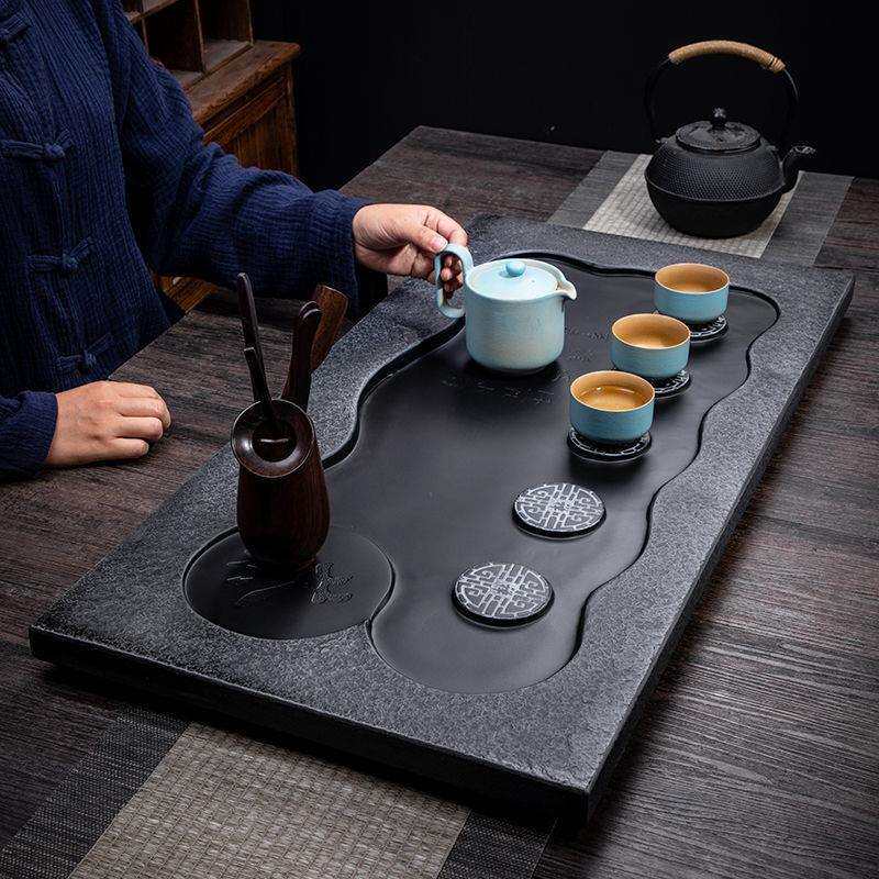 天然乌金石茶盘套装简约家用办公港石茶海中式大小号茶台整块石头