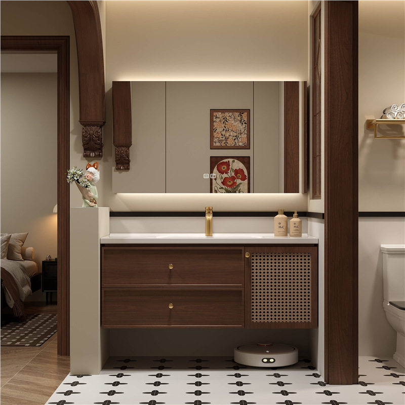 中古风法式复古藤编浴室柜组合陶瓷一体盆橡木实木卫生间洗漱台