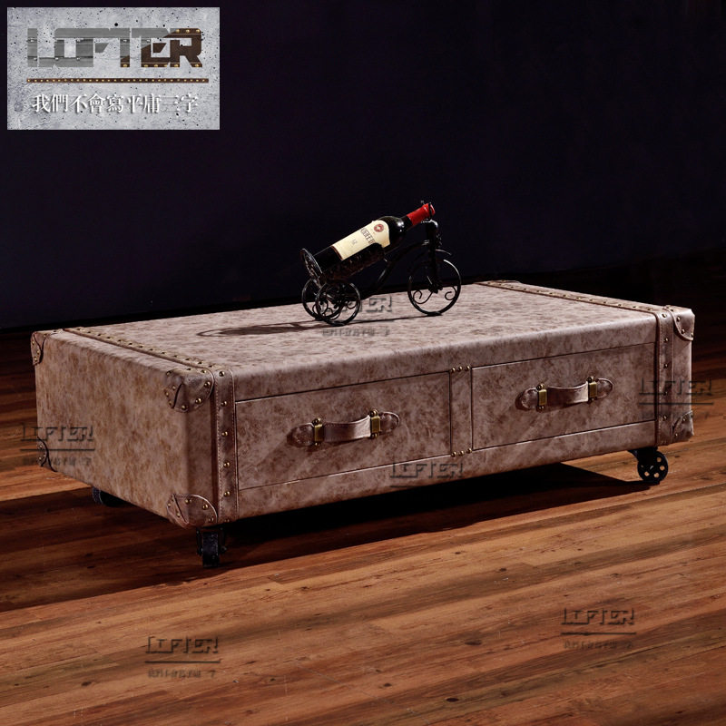 美式复古箱柜式茶几LOFT工业风做旧双抽四轮茶几酒店个性咖啡吧台
