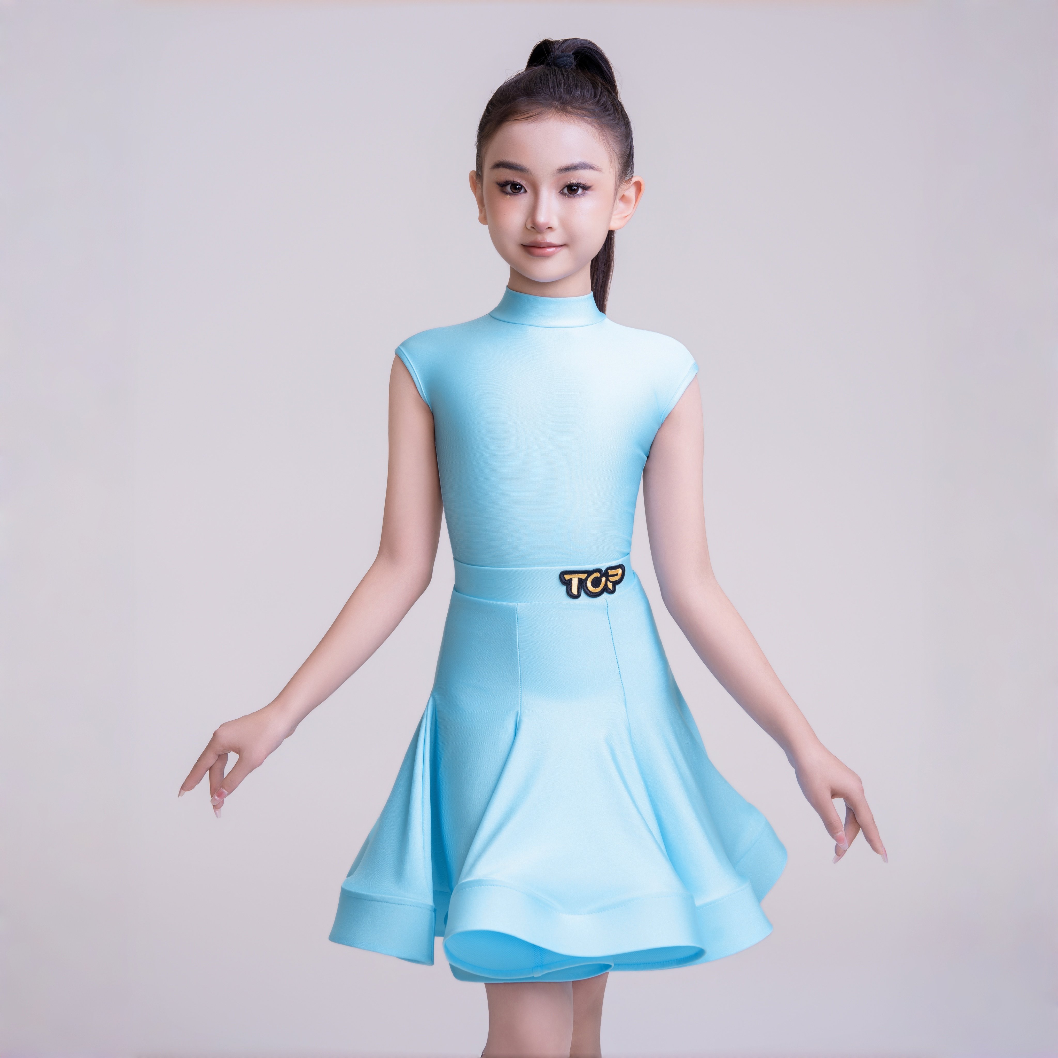 TOP夏季新品珠光少儿拉丁舞服儿童包肩袖分体鱼骨考级比赛规定服