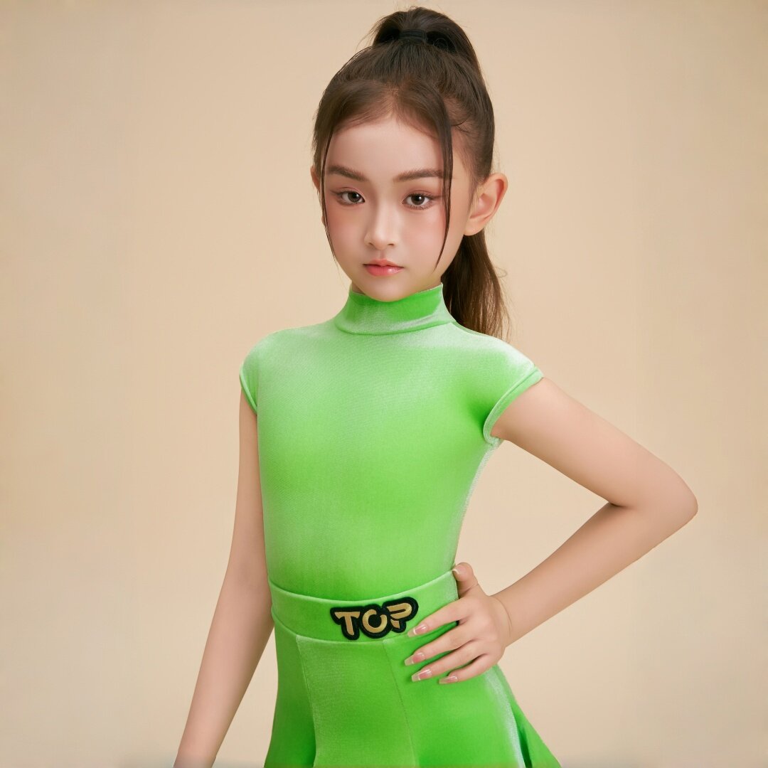 TOP新品韩国丝绒荧光绿拉丁夏规定服专业高级大裙摆鱼骨显眼透气