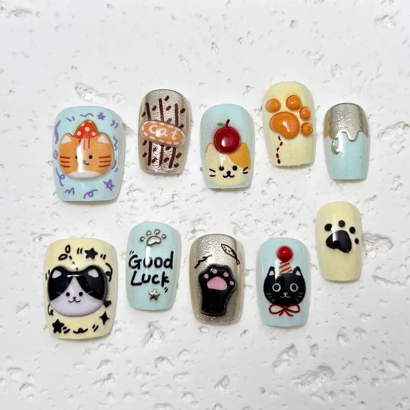 弋弋舞手工穿戴甲可爱小猫卡通美甲贴片XS/S/M码