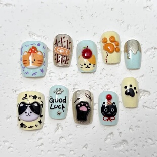 卡佩尔手工穿戴甲可爱小猫卡通美甲贴片XS/S/M码