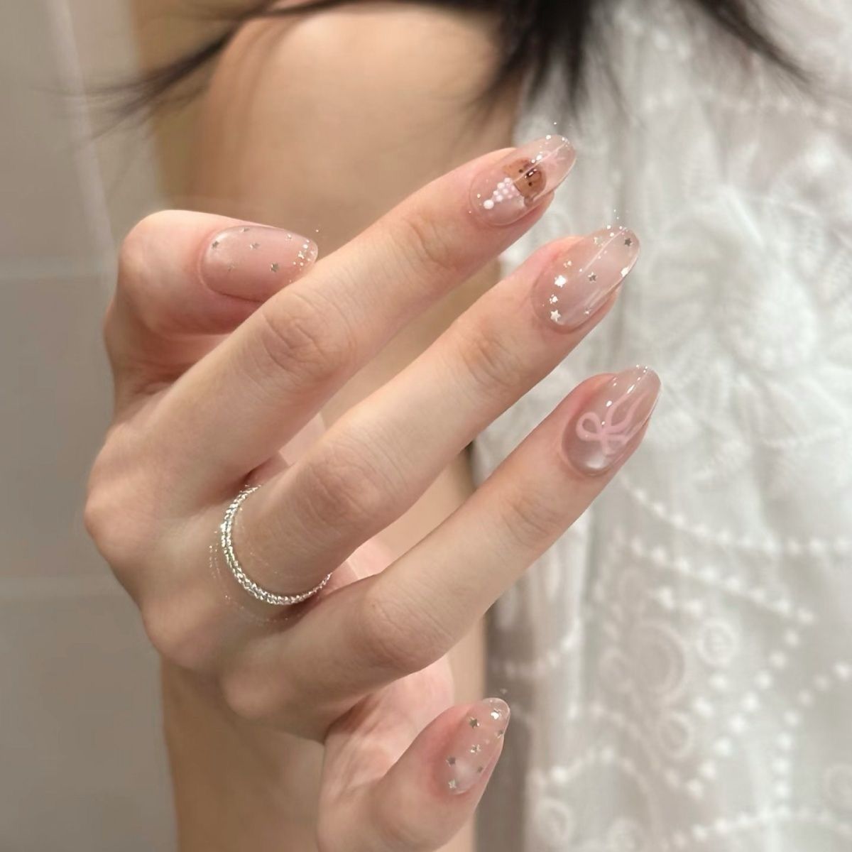 【波点粉熊】粉色系猫眼可爱波点小熊短款日常百搭显白手工穿戴甲