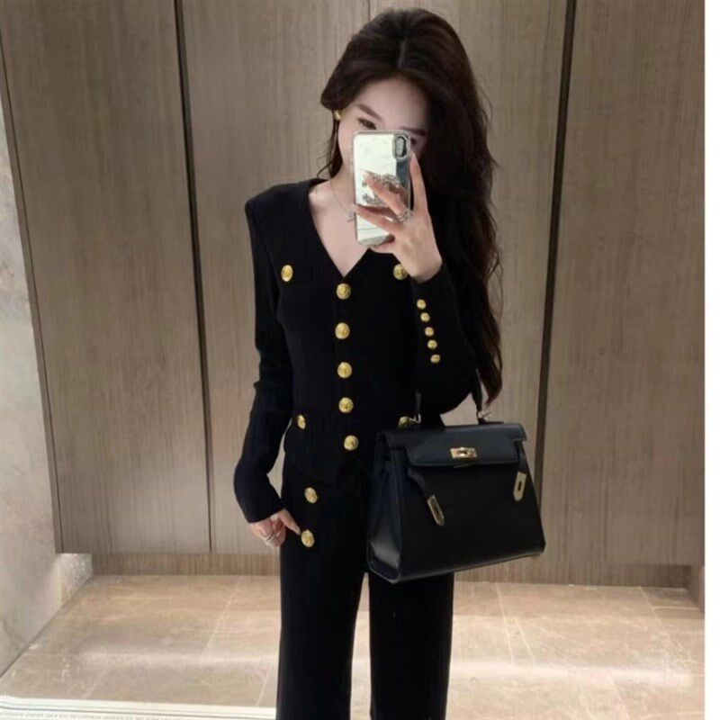 V领毛针织开衫气质外套秋冬季新款高级感显瘦休闲直筒长裤套装女