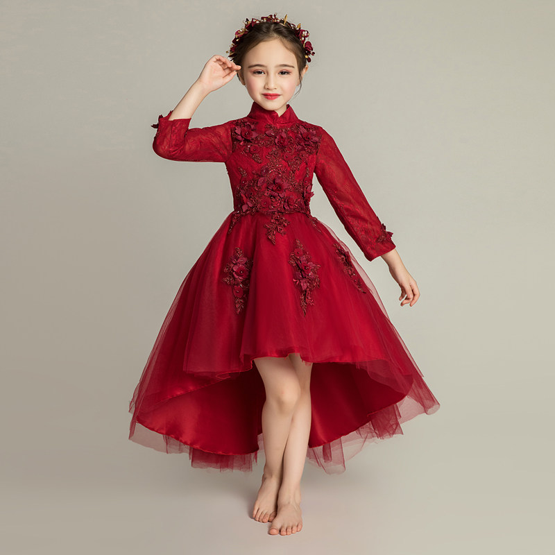 女童礼服公主裙儿童晚礼服婚纱长袖前短后长鱼尾小花童钢琴演出服