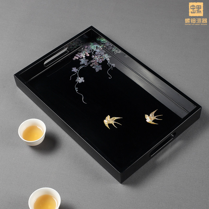螺钿漆器贝壳茶盘干果收纳盘家用木质水果盘子茶具盘茶叶点心托盘