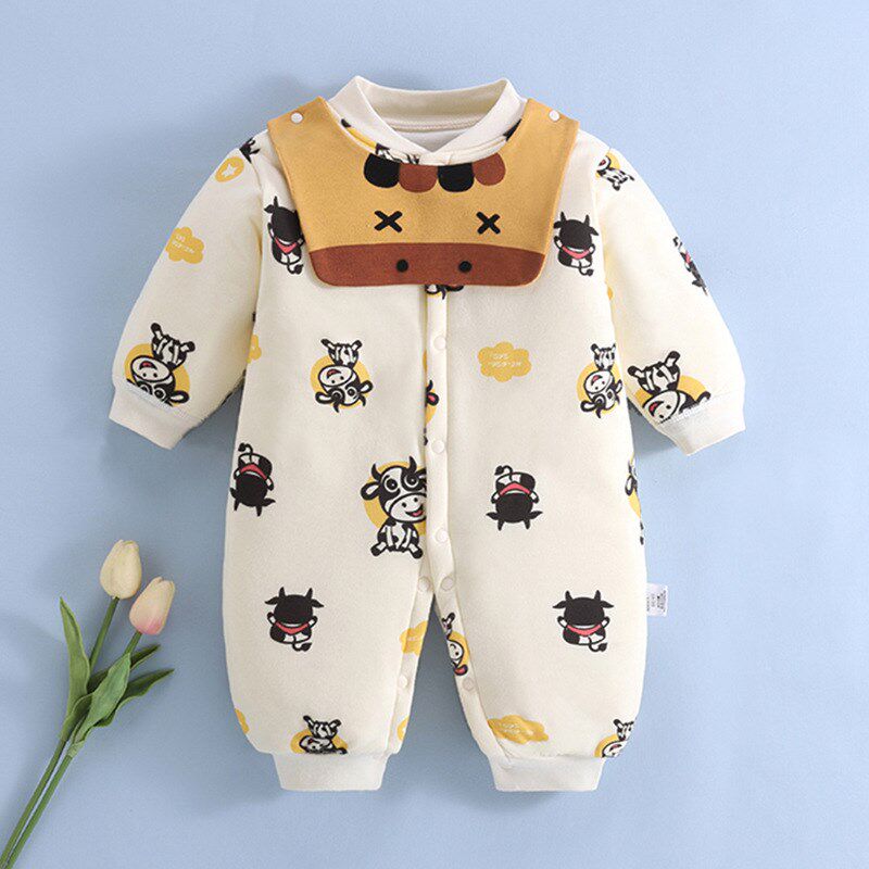 三四个月宝宝秋冬季衣服婴儿连体衣夹棉新生儿棉服三层保暖睡觉穿