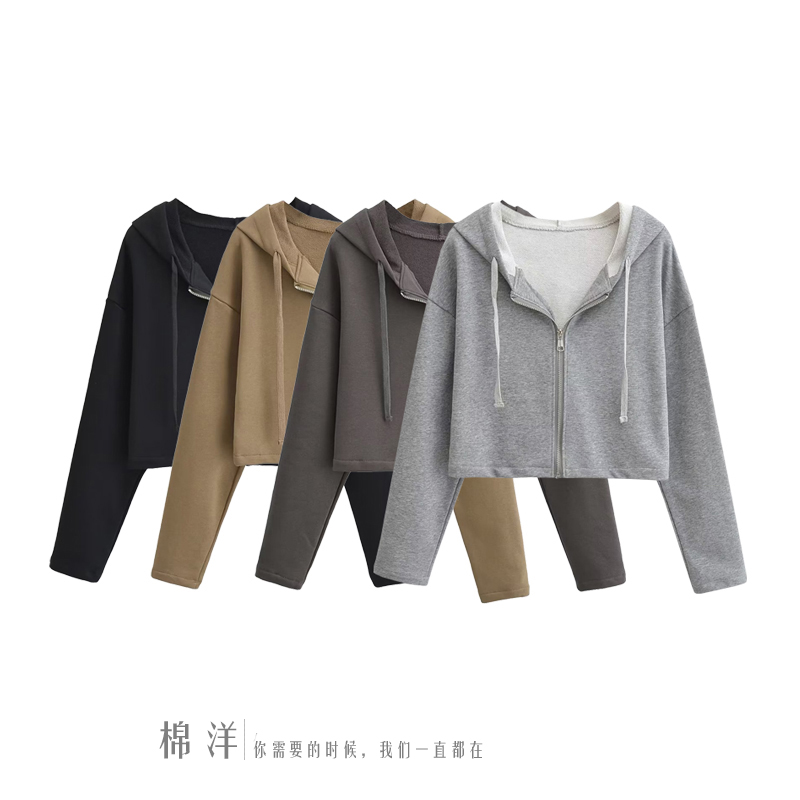 棉洋 美式休闲短款拉链抽绳小外套女 街头复古连帽简约开衫短卫衣