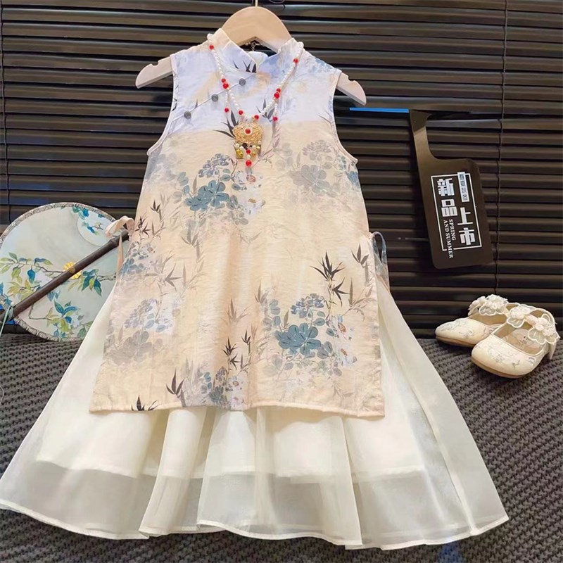 女童国潮复古汉服裙夏季新款儿童水墨山水画旗袍裙女孩公主背心裙