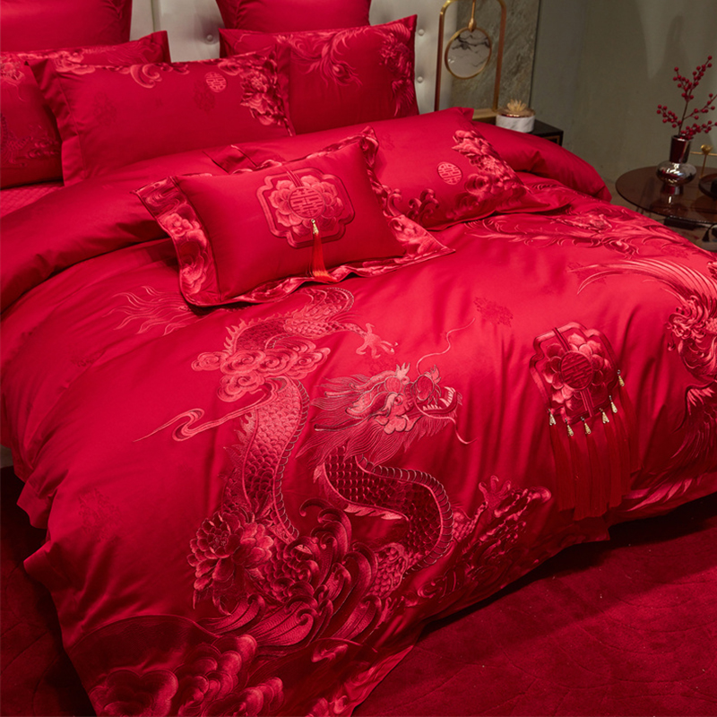梵间新中式180s长绒棉婚庆四件组龙凤全棉结婚大红色被套高档床品