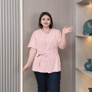 200斤胖mm大码雪纺衫女夏设计感绑带遮肚子洋气气质显瘦短袖衬衫