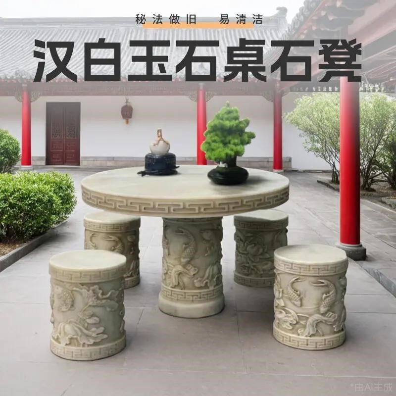 石桌石凳庭院一套户外天然汉白玉圆桌子新中式仿古做旧家用石茶台