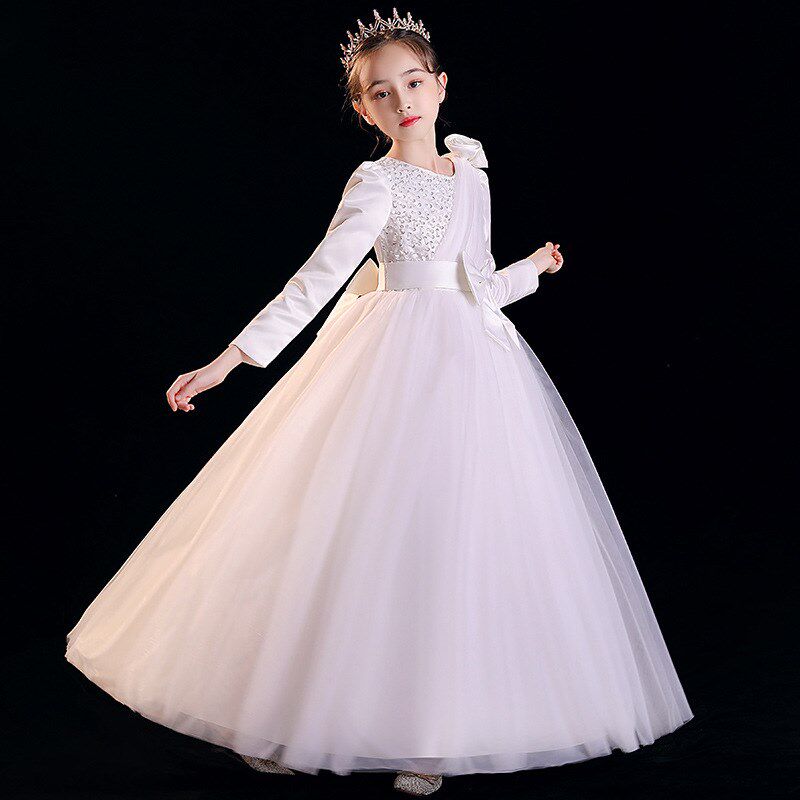 春秋冬花童儿童长款婚纱裙女童白色公主连衣裙大童演出礼服长裙子