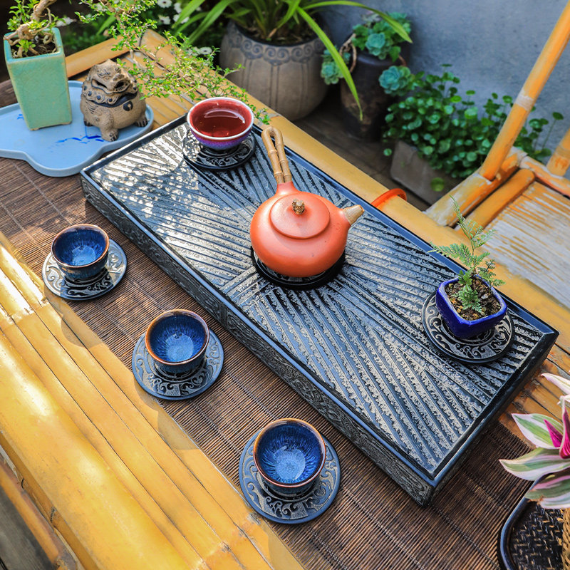 中式汉砖仿石茶盘带杯垫创意功夫茶具干泡台排水套装茶室复古摆件