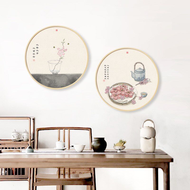 网红新中式茶室背景墙圆形实木框装饰画手绘清新图案挂画客厅玄关