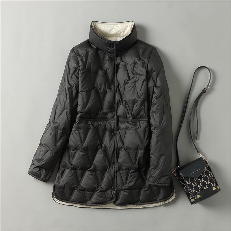 秋冬新款轻薄两面穿羽绒服女中长款大码宽松200斤小个子立领外套