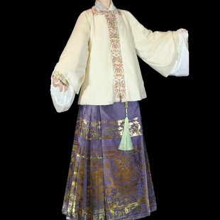 梦桑塔冬季明制短外套短袄加绒保暖方领对襟大码织金马面裙紫色女