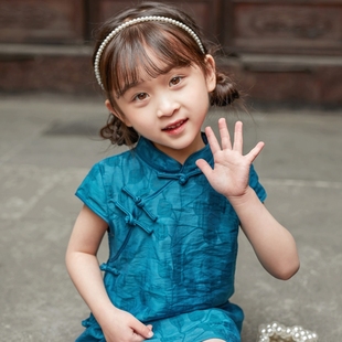 女童旗袍夏季中国风薄款2023年新款女宝宝连衣裙蓝色汉服儿童唐装