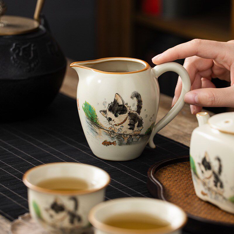 汝窑萌猫美人公道杯高档功夫茶具家用分茶器陶瓷大容量茶海定制