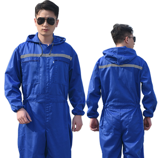 男纯棉防污劳保服全身防护夏季 连帽连体工作服套装 厂服柔软舒适