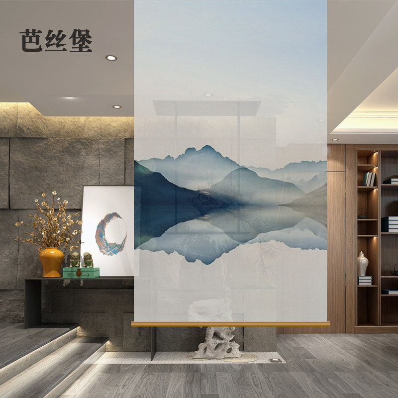 新中式窗帘卷帘子挂式屏风软隔断玄关客厅酒店茶室半透明定制山水