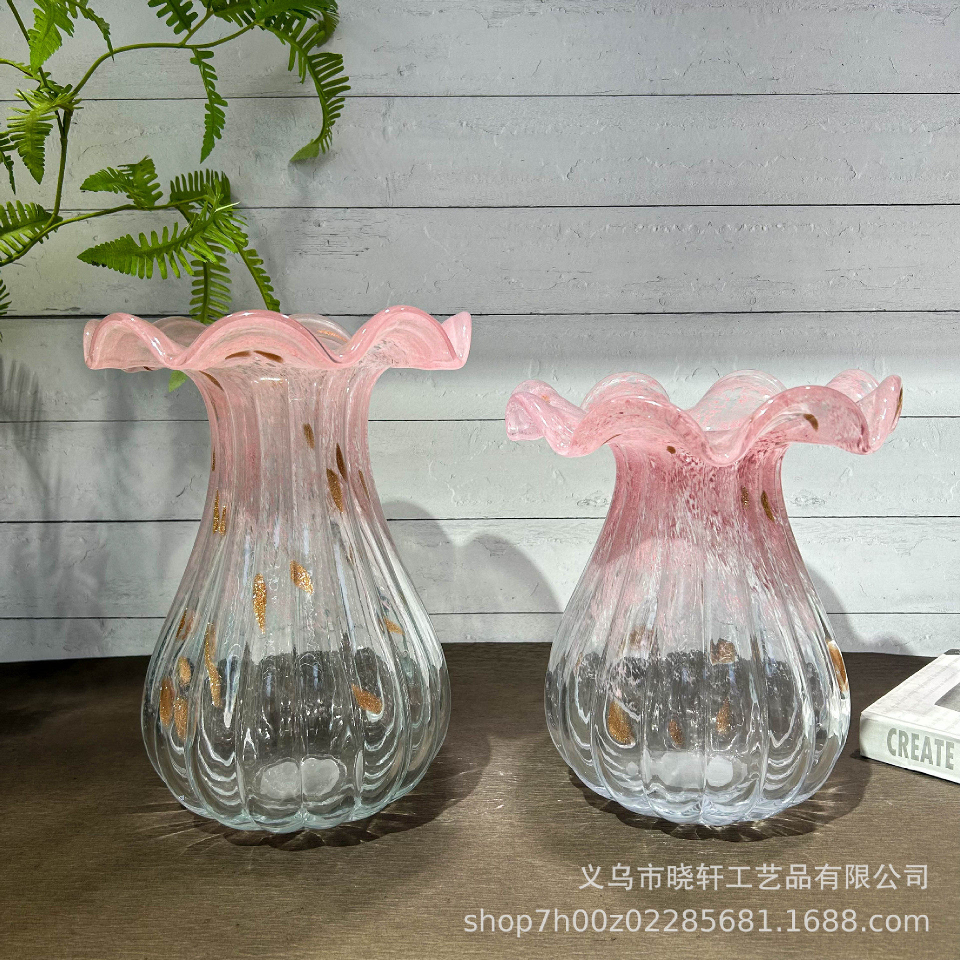 轻奢粉色花边洒金高级感琉璃花瓶家居软装创意水培插花器摆件装饰