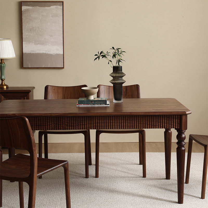 美式轻复古黑胡桃木全实木餐桌餐台简约餐桌椅组合长方形桌子饭桌