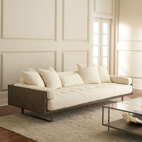 厂家供应简约后现代实木客厅三人沙发胡桃木色麻布休闲北欧沙发床