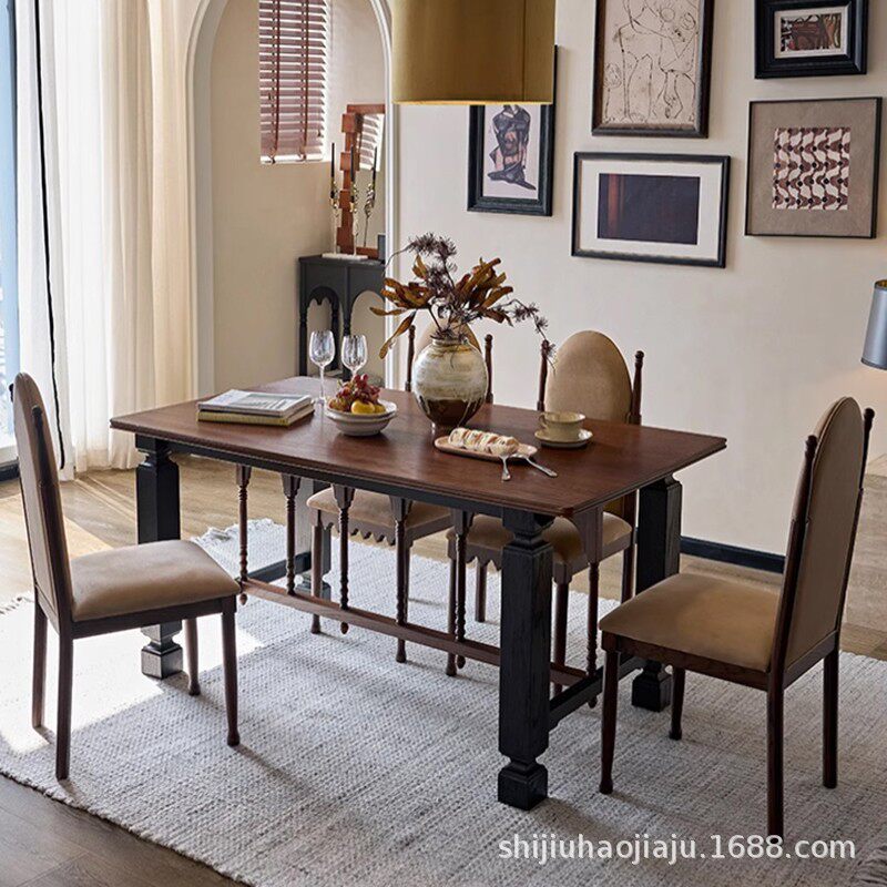 美式实木餐桌椅组合红橡木法式复古饭桌餐厅大板桌工作台办公桌